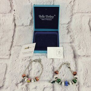 Bella Perlina Jewelry 2 Charm Bracelets With Glass Beads  Adjustable Silver Tone